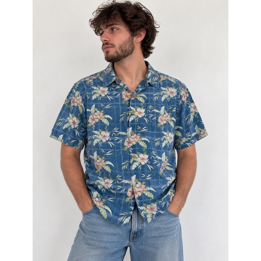 Tommy Bahama Silk Mens Blue Silk Hibiscus Floral Print Button Down Camp Shirt L